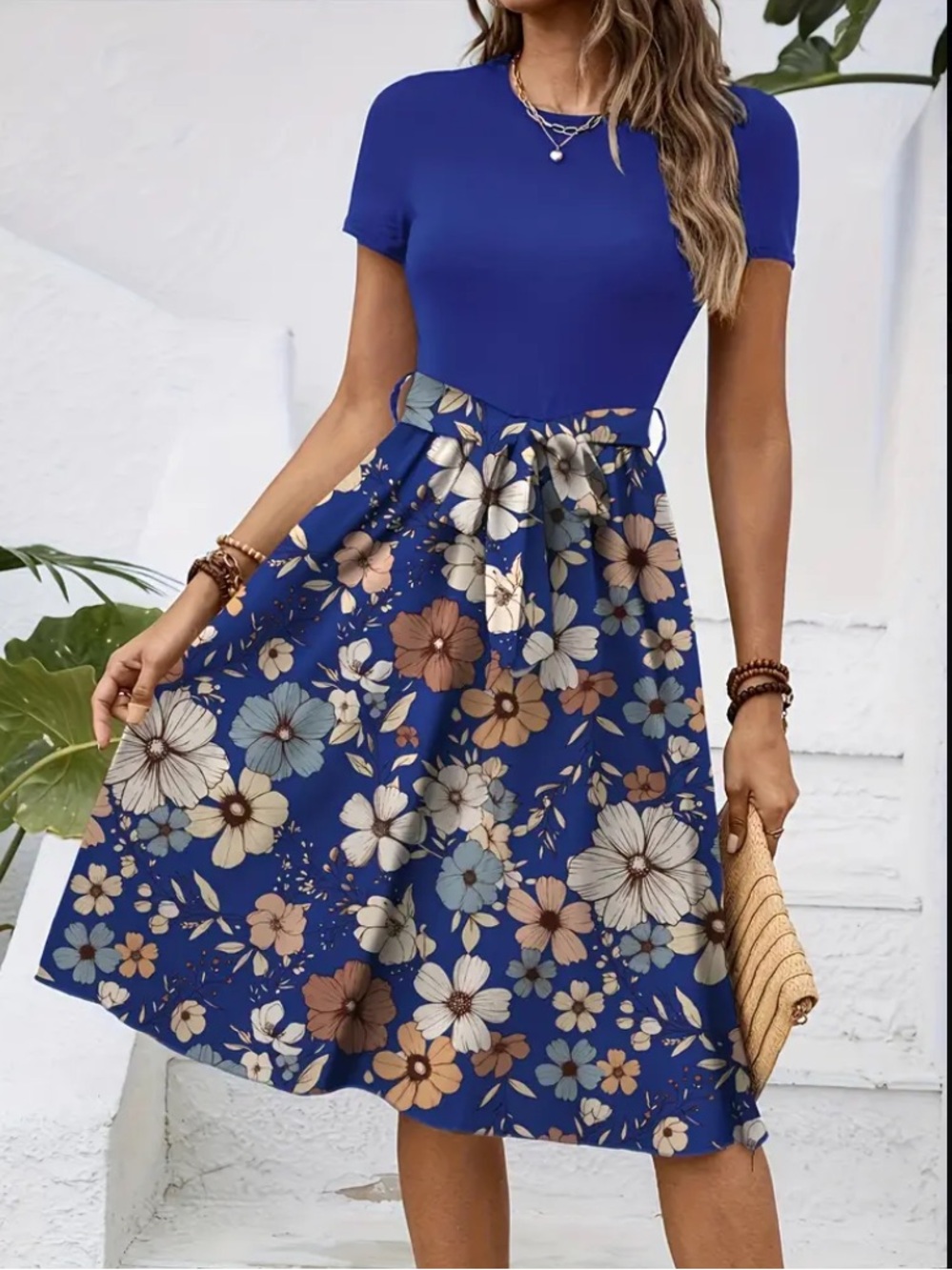 Women’s Blue Floral Midi Dress with Tie Waist
